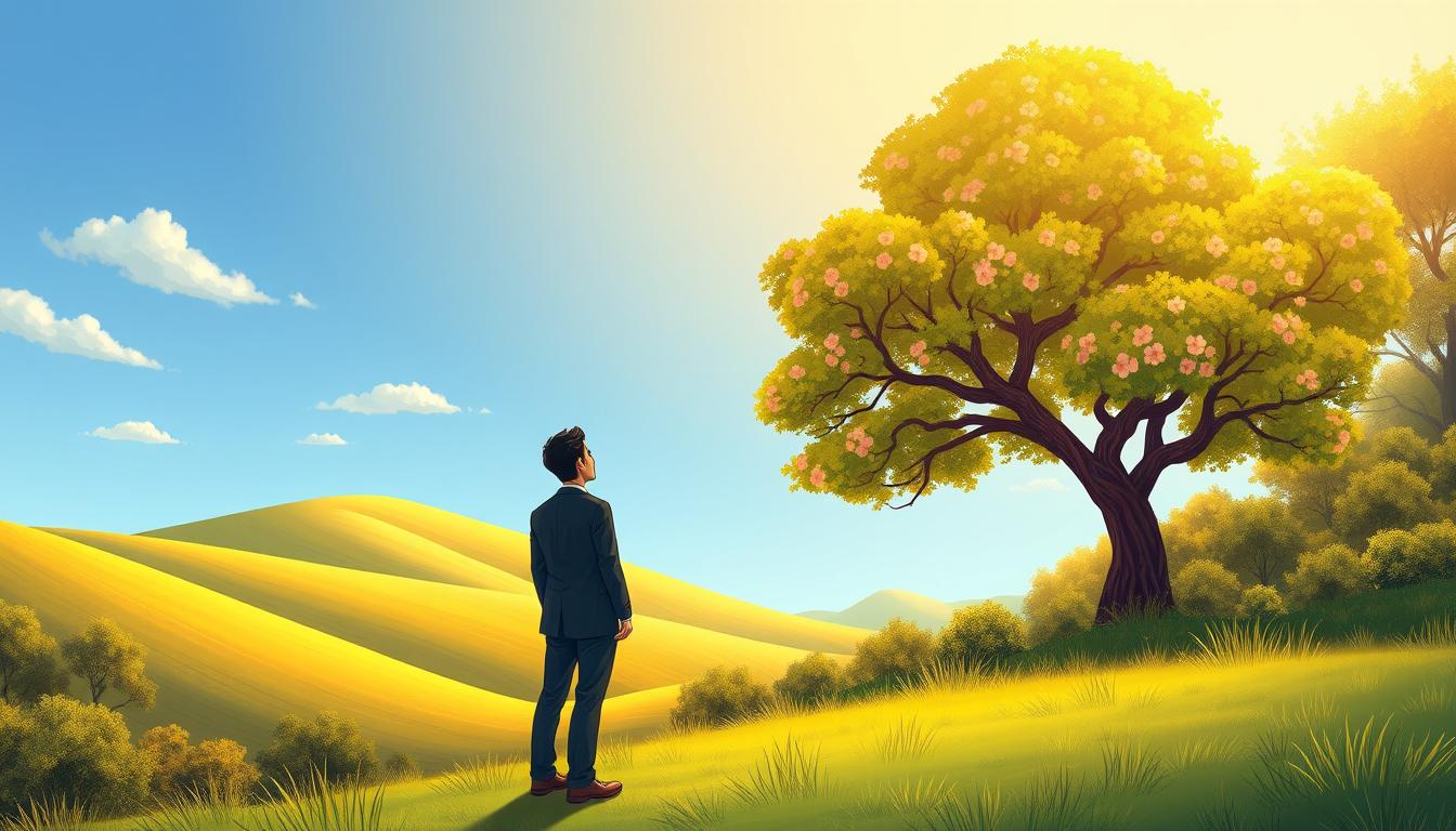 A person standing at the edge of a quiet forest at golden hour, a moment of reflection
