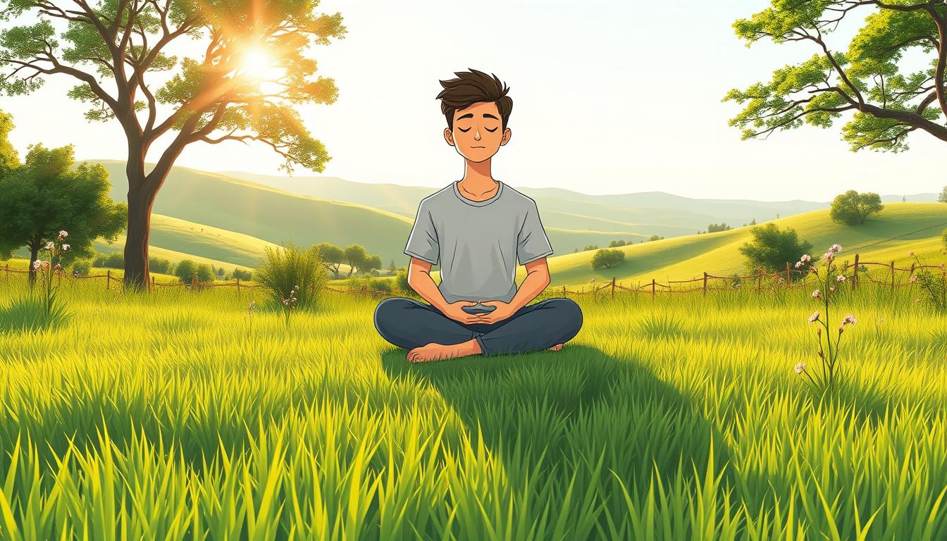 A calm person outdoors at sunrise, taking a slow breath